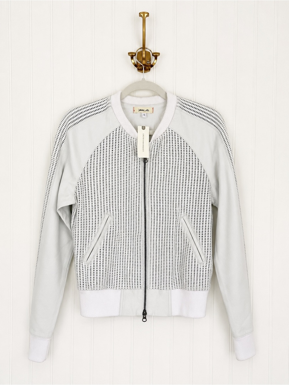 Jakett Etc Anthropologie White Leather Perforated Bomber Jacket S, NWT